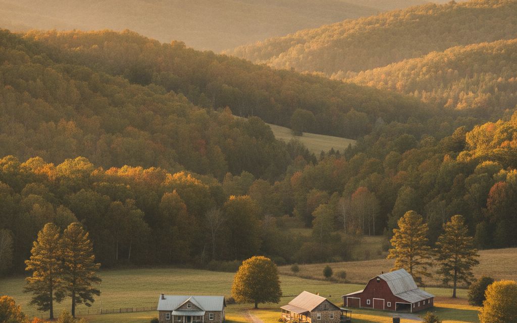 Autumn morning over the Cumberland Plateau near Crossville, Tennessee — wooded ridgelines, country homes and a red barn in the valley