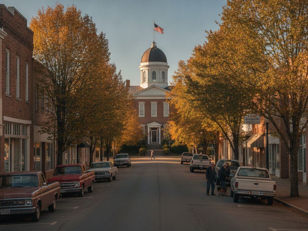A quiet small-town main street with the county courthouse and fall colors